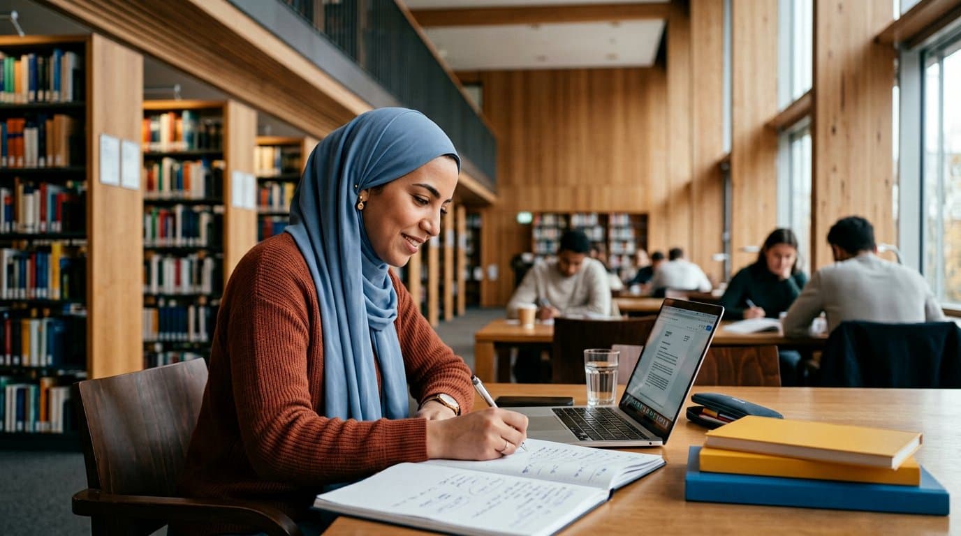 Moroccan student studying in a university library
