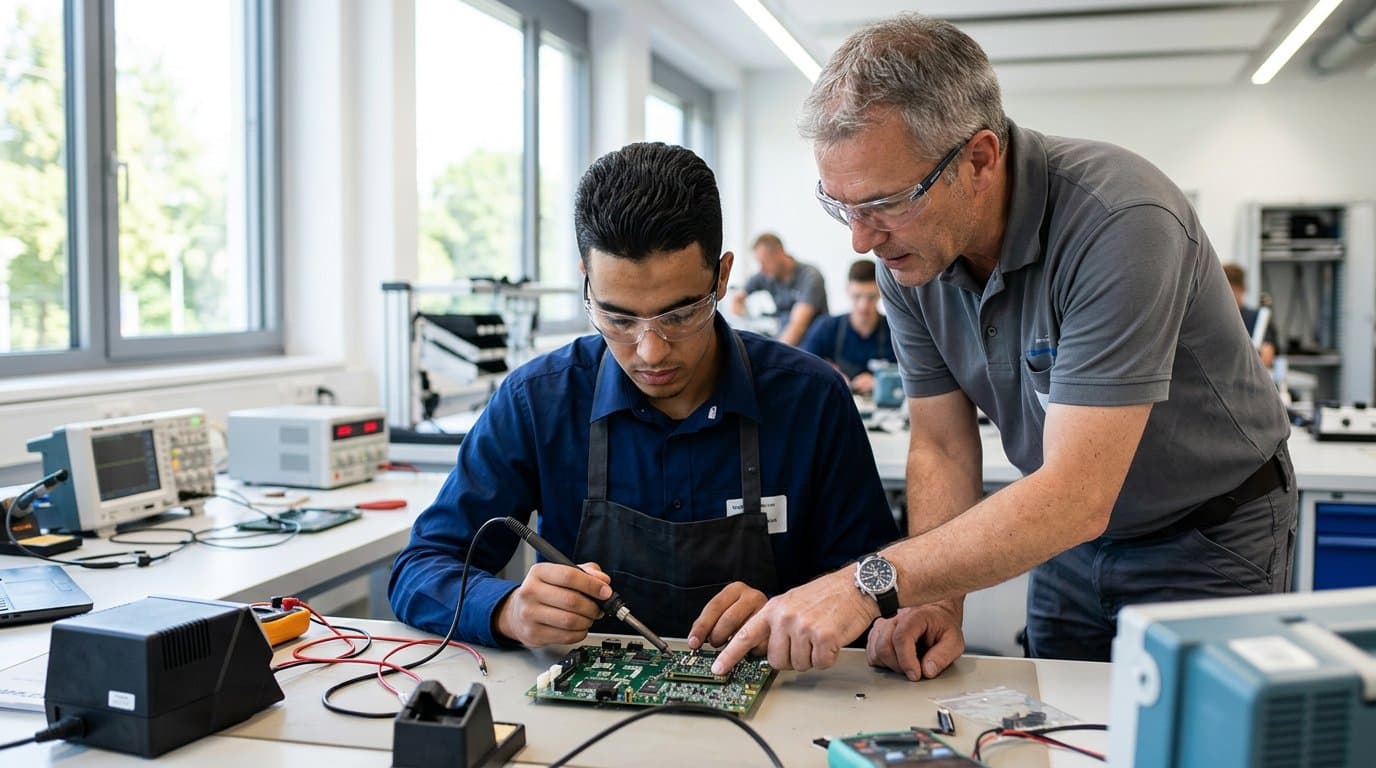 Vocational trainee receiving hands-on electronics mentoring